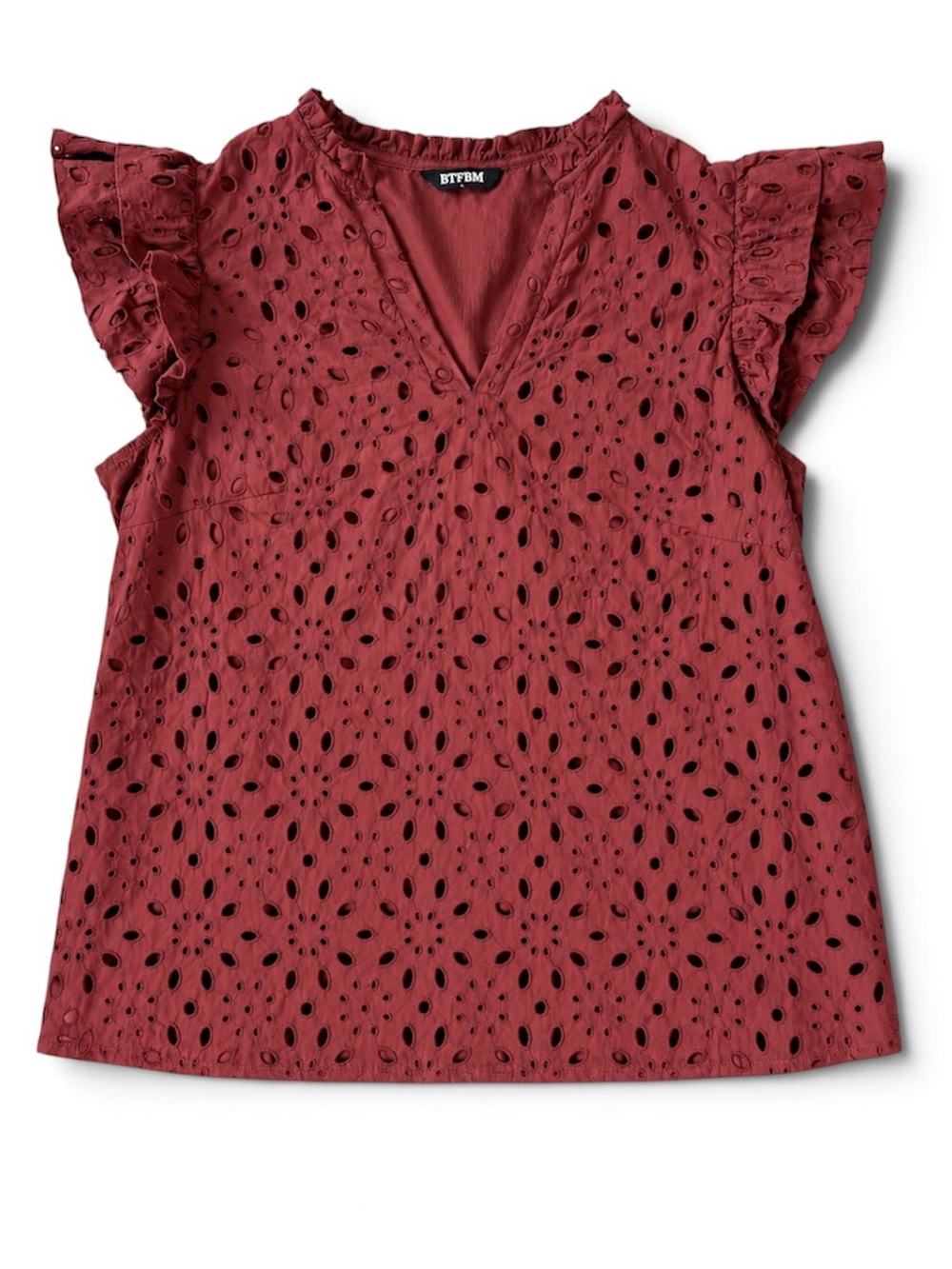 BTFBM Womens Eyelet Blouse Large Rust Red Ruffle Flutter Sleeve Top Fall fashion